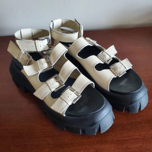 Topshop Size 5 (38) Women's Leather Gladiator Block Buckle Sandals Cream - Picture 13 of 15